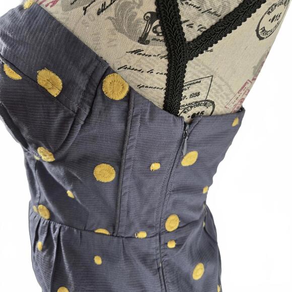 Floreat by Anthropologie Embroidered Polka Dot Blue Gold Strapless Dress Size 0 - Picture 3 of 9